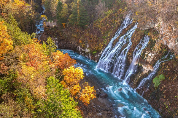 Khung cảnh quanh thác Shirahige đổ vào Hồ Blue Pond Hokkaido đẹp lãng mạn